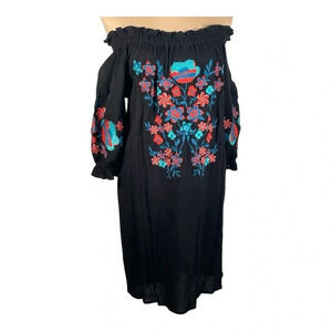 Staccato BoHo‎ Dress Small Black Tunic Shirred Neck Floral Print 🆕